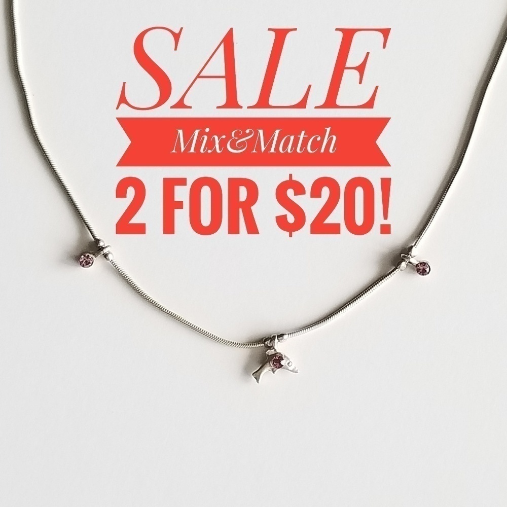 Silver Dolphin Necklace with Pink Crystal Stones